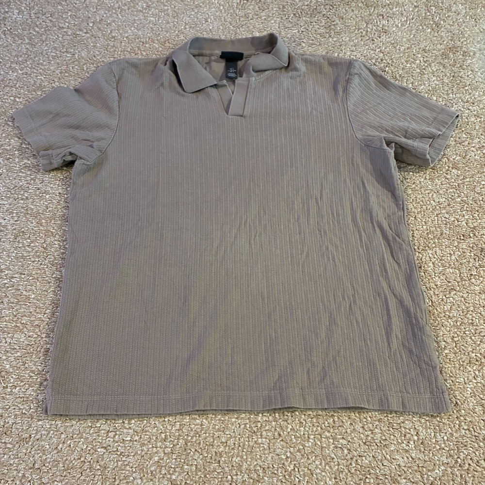 H&M Regular Fit Ribbed Polo Shirt Taupe Short Sleeve Men's Large